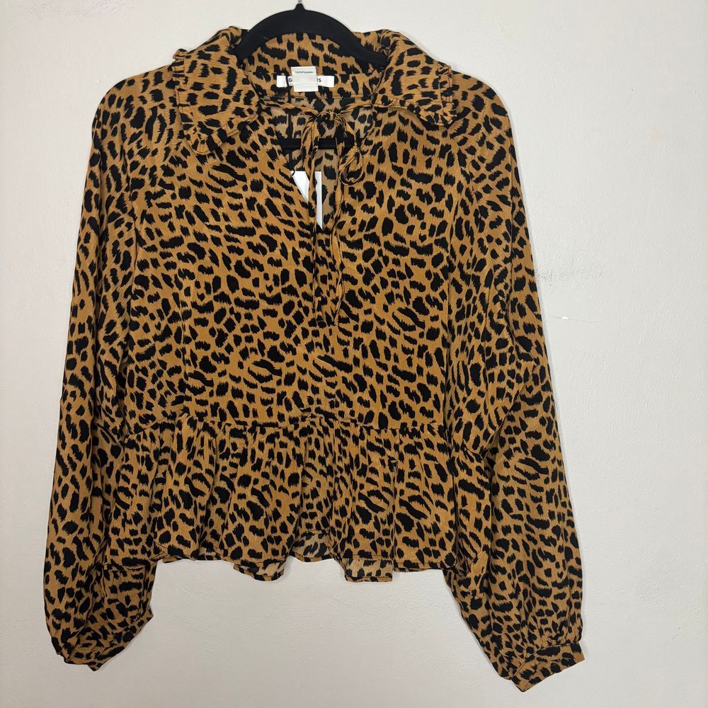 Glamorous Shirt Women's 2‎ Brown Leopard Print Tie Front Peplum Balloon Sleeve